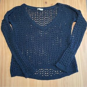 Hollister, size Medium: long-sleeved deep v-neck open knit sweater, navy blue
